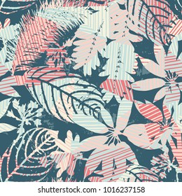 Abstract floral seamless pattern silhouettes of leaves and geometric background. Modern  design for paper, cover, fabric, interior decor and other users