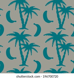 Abstract floral seamless pattern with silhouettes tropical coconut palm trees and bananas - vector