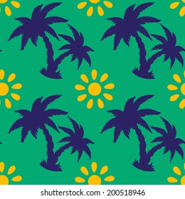 Abstract floral seamless pattern with silhouettes tropical coconut palm trees and the sun. Summer background. Endless print texture. Fabric design. Wallpaper - vector 