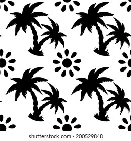 Abstract floral seamless pattern with silhouettes tropical coconut palm trees and the sun in black and white. Summer monochrome background. Endless print texture. Fabric design. Wallpaper - vector 