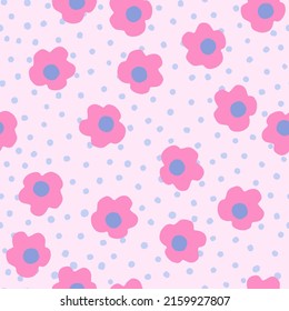 Abstract floral seamless pattern. Simple surface design with abstract small flowers and polka dots. Ditsy vector repeated background for textile, fabric, wallpaper design. Blooming daisy flowers