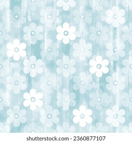 Abstract floral seamless pattern with simple flowers on a blue watercolor background. Vector. Perfect for design templates, wallpaper, wrapping, fabric and textile.