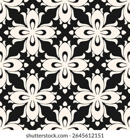 Abstract floral seamless pattern. Simple vector geometric ornament with ethnic folk motif. Elegant black and white background texture with flower silhouettes. Repeated geo design for carpet, textile