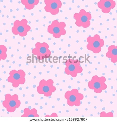 Abstract floral seamless pattern. Simple surface design with abstract small flowers and polka dots. Ditsy vector repeated background for textile, fabric, wallpaper design. Blooming daisy flowers