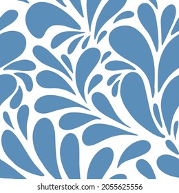abstract floral seamless pattern with smooth leaves shape. Cool winter frost ornament background. Blue leaves on white backdrop