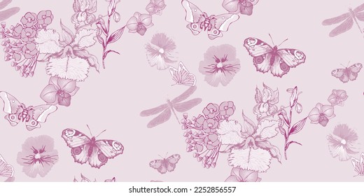 Abstract floral seamless pattern.  In style Toile de Jou. Vector illustration. Suitable for fabric, wrapping paper and the like