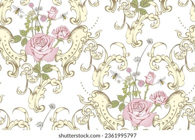 Abstract floral seamless pattern. In style rococo. Vector illustration. Suitable for fabric, wrapping paper and the like.