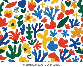 Abstract floral seamless pattern in the style of Matisse, flat vector illustration with simple shapes and forms of flowers and plants, colorful, playful design for kids or young girls