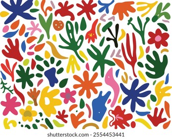 Abstract floral seamless pattern in the style of Matisse, flat vector illustration with simple shapes and forms of flowers and plants, colorful, playful design for kids or young girls