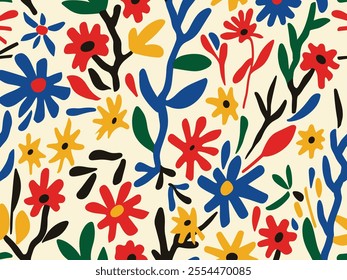 Abstract floral seamless pattern, in the style of Matisse cutout shapes, simple vector illustration, clipart doodle, flat colors, vector graphic, flat color background, cute, playful, and fun