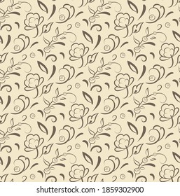 Resumen del patrón floral sin costuras. Diseño de motivos folclóricos estilizados a mano, textura de contorno delgado. El fondo de color amarillo claro es fácil de cambiar. Vector 10