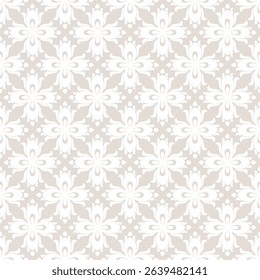 Abstract floral seamless pattern. Subtle vector geometric ornament with ethnic folk motif. Simple beige and white background texture with flower silhouettes. Minimal repeated design for linen, textile