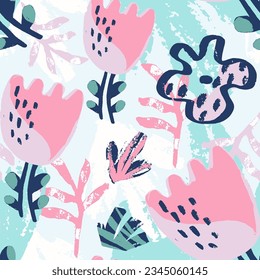 Abstract floral seamless pattern. Summer hand drawn tropical flower. Simple abstract organic shapes. Beach vacation background design, savannah baby apparel print. Exotic wallpaper, textile print