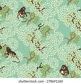 Abstract floral seamless pattern. Trees and monkeys. Exotic forest motif background