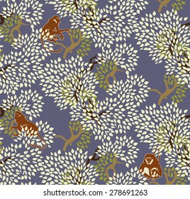 Abstract floral seamless pattern. Trees and monkeys. Exotic forest motif background