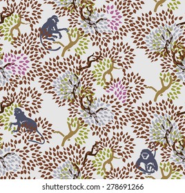 Abstract floral seamless pattern. Trees and monkeys. Exotic forest motif background