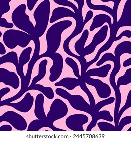 Abstractas patrón floral sin costuras. Adorno plano de jardín de moda con Formas orgánicas. Retro lindo dibujado a mano flores azul oscuro sobre un fondo rosa. Verano botánico floral textil vintage impresión.