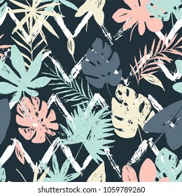 Abstract floral seamless pattern with tropical leaves, trendy hand drawn textures on the black white zig zag background. Modern abstract design for paper, cover, fabric, interior decor  