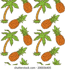 Abstract floral seamless pattern with tropical coconut palm trees and pineapples on a white background. Endless print texture. Fabric design. Wallpaper - vector 