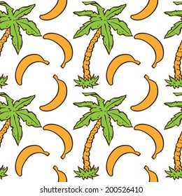 Abstract floral seamless pattern with tropical coconut palm trees and bananas on a white background. Endless print texture. Fabric design. Wallpaper - vector 