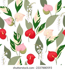 Abstract floral seamless pattern of tropical flowers, anthurium and spotted leaves. Trendy hand drawn textures. design for paper, packaging, textile, background.