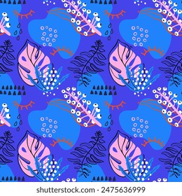 Flora Abstractas patrón transparente con Elementos de plantas tropicales. Texturas, hojas y bayas dibujadas a mano. Fondo moderno brillante para el papel, textil, diseño de redes sociales. Ilustración vectorial.
