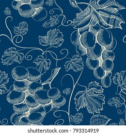 Abstract floral seamless pattern with twigs of grapes in hand drawn style on blue background vector illustration