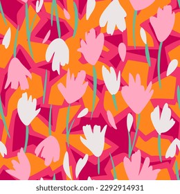 Abstract floral seamless pattern with uneven geometric texture. Simple flat drawing. Tulip flowers background. Bright summer botanical print. 