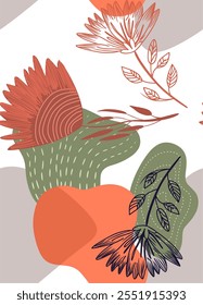 Abstract floral seamless pattern with various stylized flowers and leaves in shades of red, green and orange. The background has curved and wavy shapes in soft colors