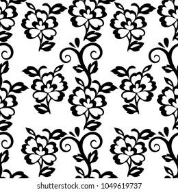 Abstract floral seamless pattern, vector background. Black floral ornament with curls on a white backdrop. For fabric design, wallpapers, wrappers, textiles, decorating