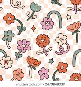 Abstract floral seamless pattern. Vector stylized simple naive flowers on checkered background. Cute and childish botanical seamless texture. Doodle nature print design.