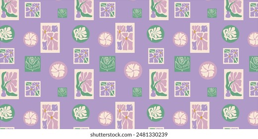 Abstract floral seamless pattern. Vector illustration of flowers in trendy naive retro hippie style of 60s 70s. Modern background.