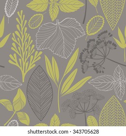 Abstract floral seamless pattern. Vector background with different plants and leaves.