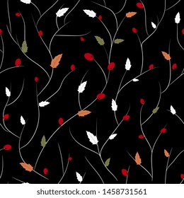 abstract floral seamless pattern with vertical branches with leaves and berries. Striped background, hand drawing. For textiles, packaging, fabric, wallpaper