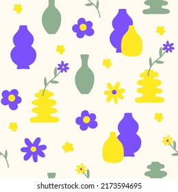 Abstract floral seamless pattern with vintage flowers and vases on a light background. Naive cute art print for wallpaper, gift paper, fabric. Yellow, blue and green colors. Vector illustration 