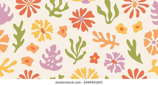 Abstract floral seamless pattern in vintage pastel colors. Organic nature shapes background. Contemporary art collage. Children doodle print. Vector trendy design.