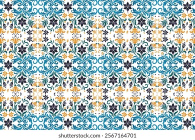 abstract floral seamless pattern with vintage ikat motifs and botanical elements for fabric wallpaper and fashion textile all over flower blossom design