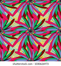 Abstract floral seamless pattern for wallpaper, website or textile printing. Vector endless illustration of yellow, red and blue flowers.