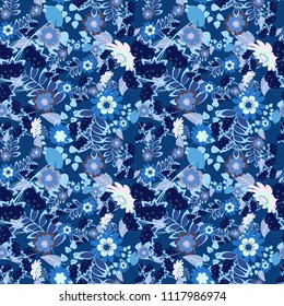 Abstract floral seamless pattern for wallpaper, website or textile printing. Vector endless illustration of blue, violet and neutral flowers.