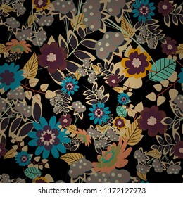Abstract floral seamless pattern for wallpaper, website or textile printing. Vector endless illustration of black, beige and brown flowers.