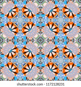 Abstract floral seamless pattern for wallpaper, website or textile printing. Raster endless illustration of violet, blue and red flowers.