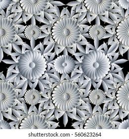 Abstract  floral seamless pattern wallpaper illustration with  decorative  leaves, surface white 3d chamomiles flowers and modern ornaments.Luxury vector fabric texture. Black background