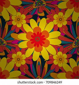 Abstract floral seamless pattern for wallpaper, website or textile printing. Vector endless illustration of yellow, red and brown flowers.