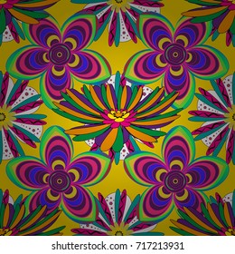 Abstract floral seamless pattern for wallpaper, website or textile printing. Vector endless illustration of purple, magenta and yellow flowers.