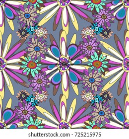 Abstract floral seamless pattern for wallpaper, website or textile printing. Vector endless illustration of gray, violet and yellow flowers.