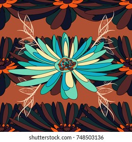 Abstract floral seamless pattern for wallpaper, website or textile printing. Vector endless illustration of orange, black and brown flowers.