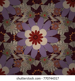 Abstract floral seamless pattern for wallpaper, website or textile printing. Vector endless illustration of purple, yellow and brown flowers.