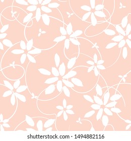 Abstract floral seamless pattern with white flowers on pink background. Cute hand drawn vector watercolor botanical texture for textile print, wallpaper, wrapping paper, wedding invitations, cards.