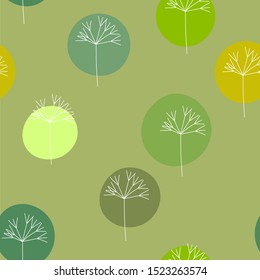 Abstract floral seamless pattern with white sprigs and circles on green background. Template design for web page, textures, card, poster, fabric, textile. Hand draw doodle elements.