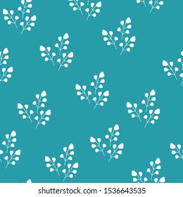 Abstract floral seamless pattern with white sprigs on blue background. Template design for web page, textures, card, poster, fabric, textile. Hand draw doodle elements.